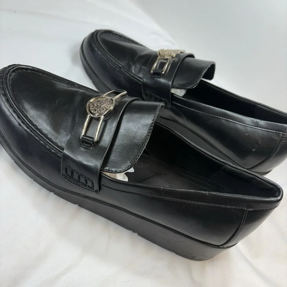 Anne Klein AKqamari Black Leather Loafers 10M‎ Wedge Heel Preppy Chic